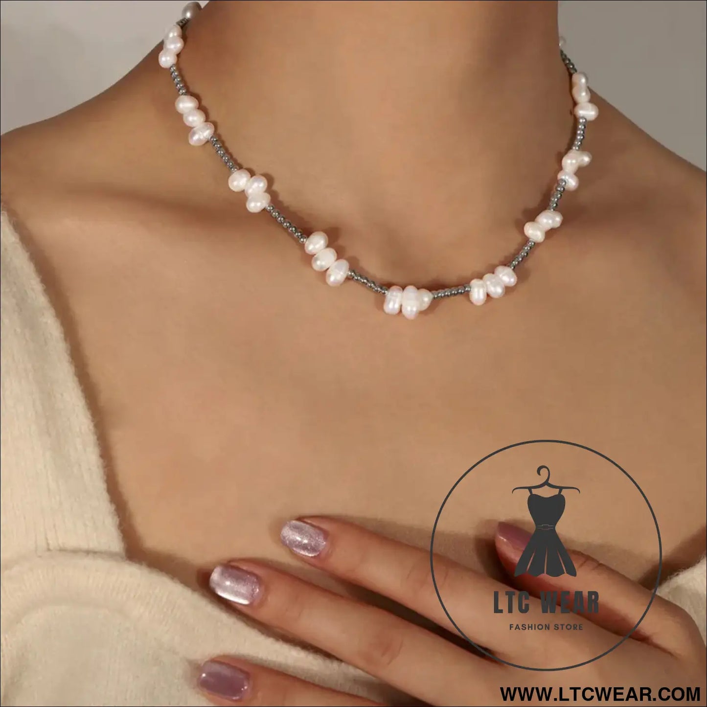 Freshwater pearl titanium steel bead necklace - silver / one size