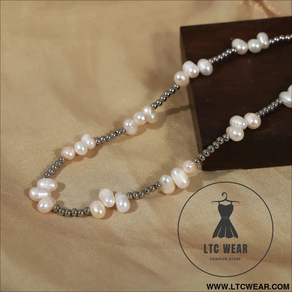 Freshwater pearl titanium steel bead necklace - silver / one size