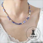 Freshwater pearl titanium steel geometric bead necklace - light blue / one size