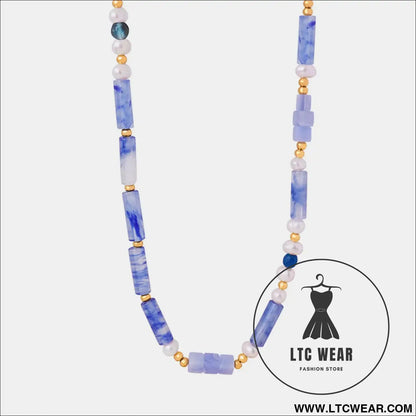 Freshwater pearl titanium steel geometric bead necklace - light blue / one size