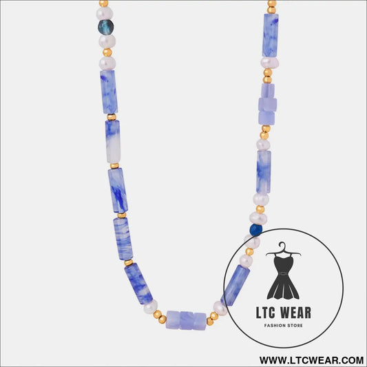 Freshwater pearl titanium steel geometric bead necklace - light blue / one size