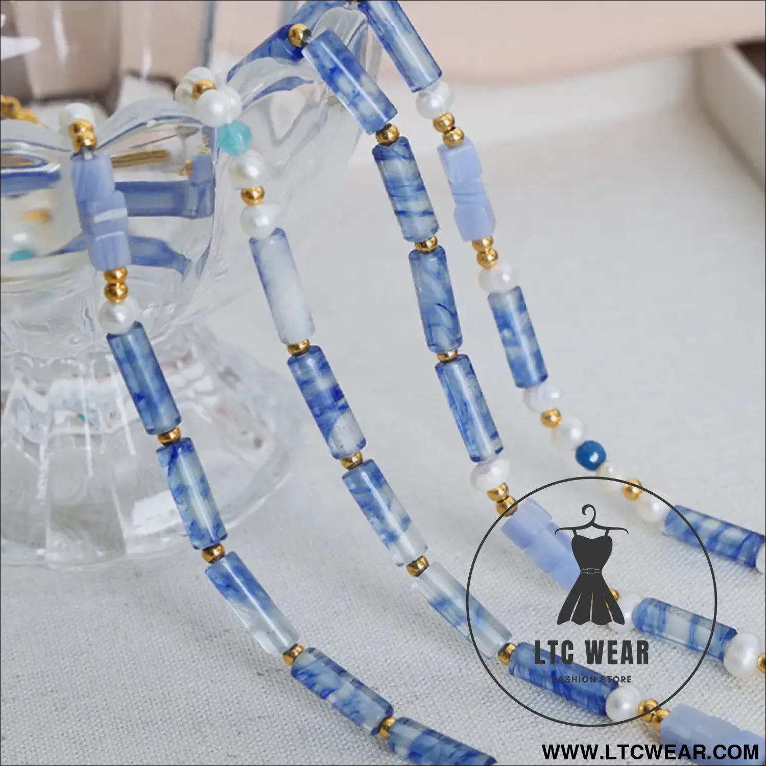 Freshwater pearl titanium steel geometric bead necklace - light blue / one size