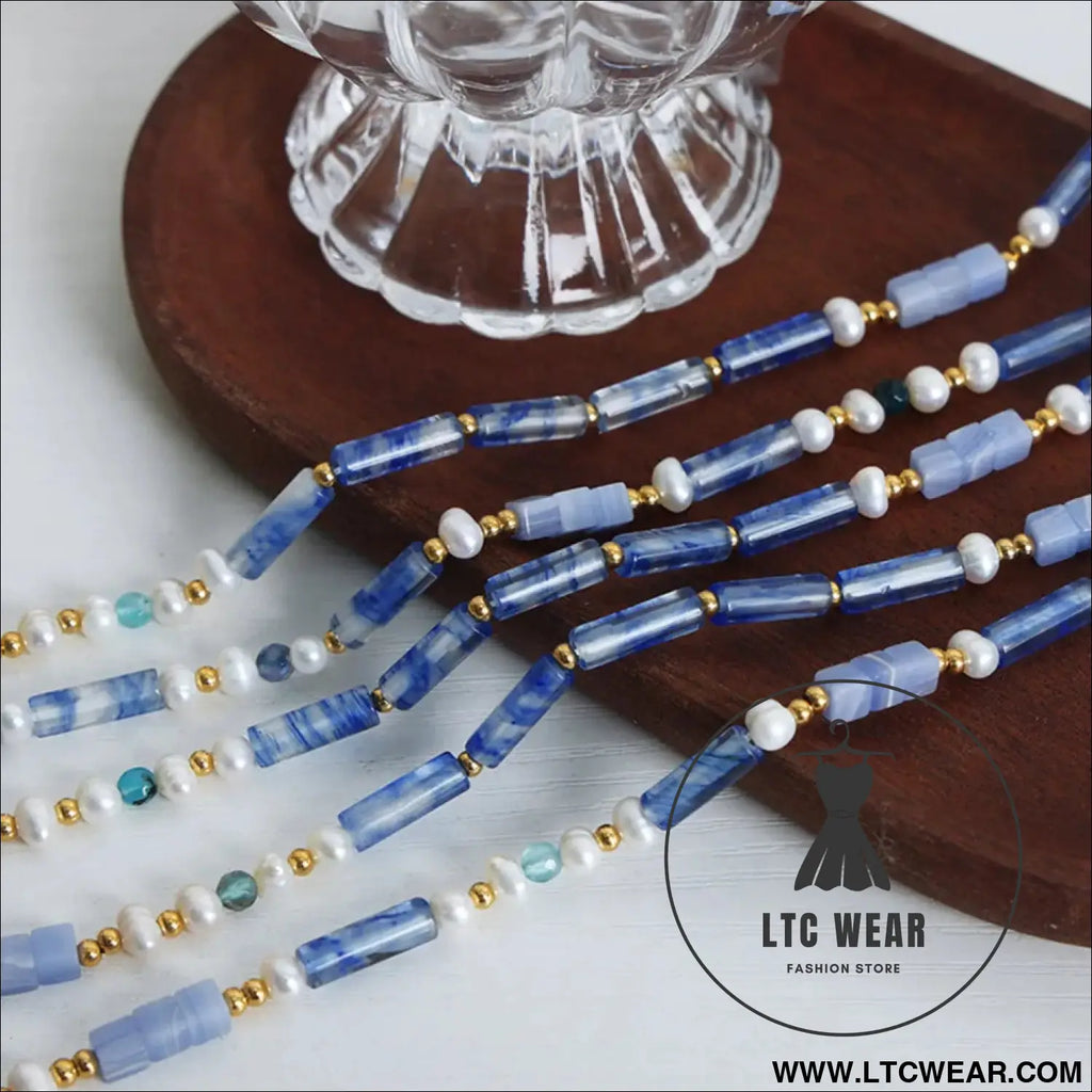 Freshwater pearl titanium steel geometric bead necklace - light blue / one size
