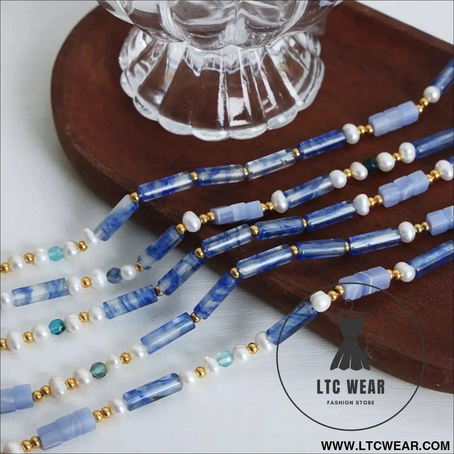 Freshwater pearl titanium steel geometric bead necklace - light blue / one size