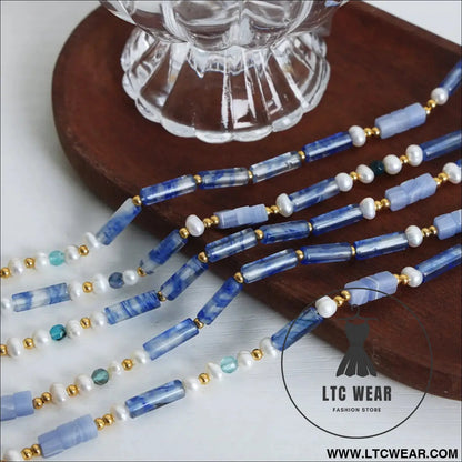 Freshwater pearl titanium steel geometric bead necklace - light blue / one size