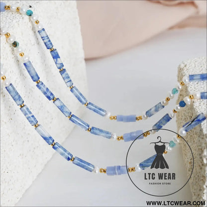 Freshwater pearl titanium steel geometric bead necklace - light blue / one size