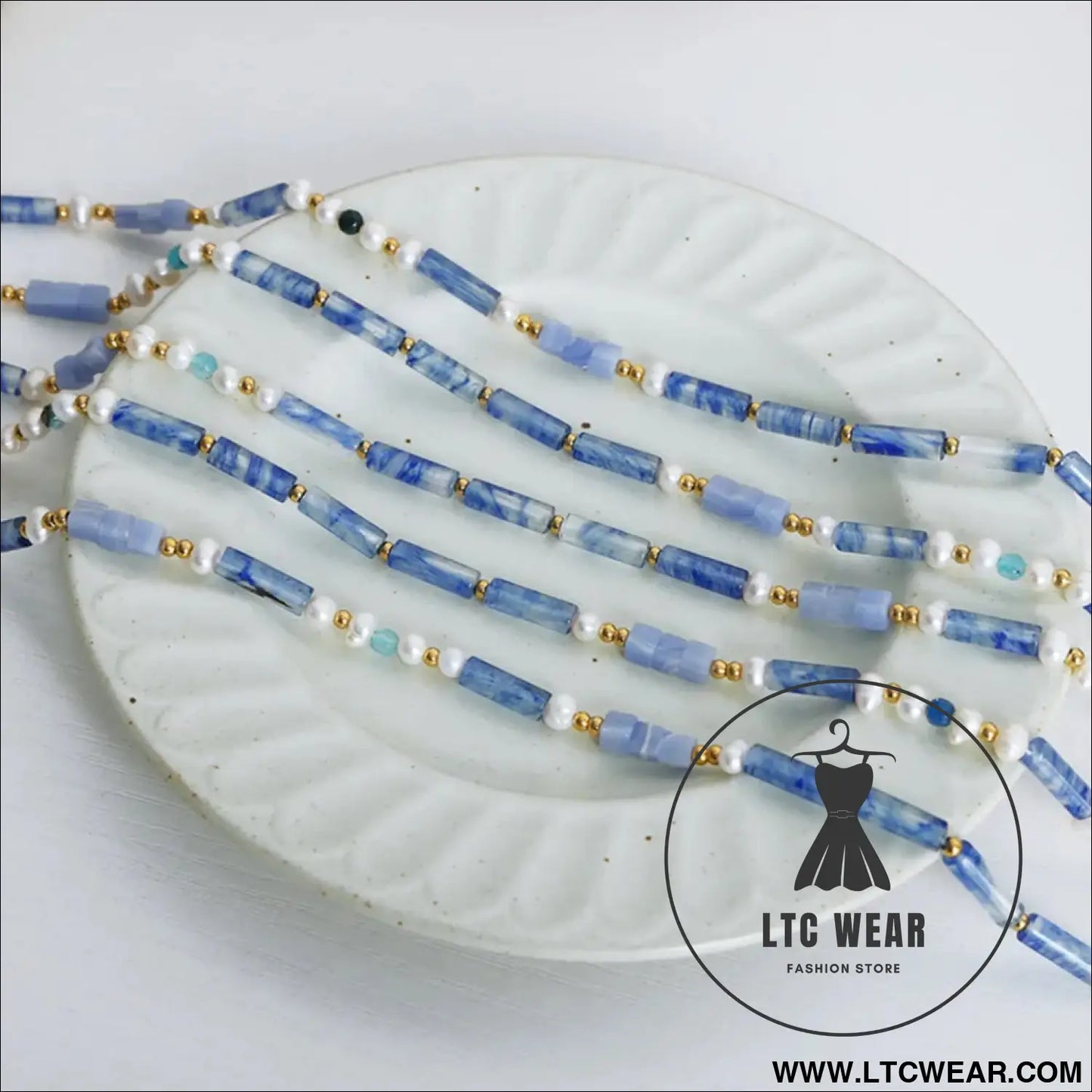 Freshwater pearl titanium steel geometric bead necklace - light blue / one size