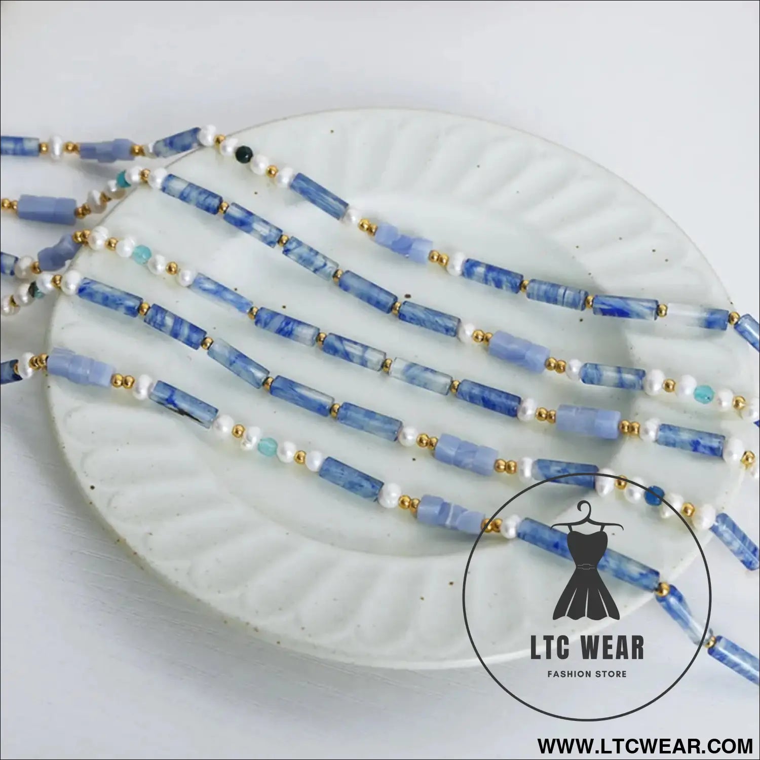Freshwater pearl titanium steel geometric bead necklace - light blue / one size