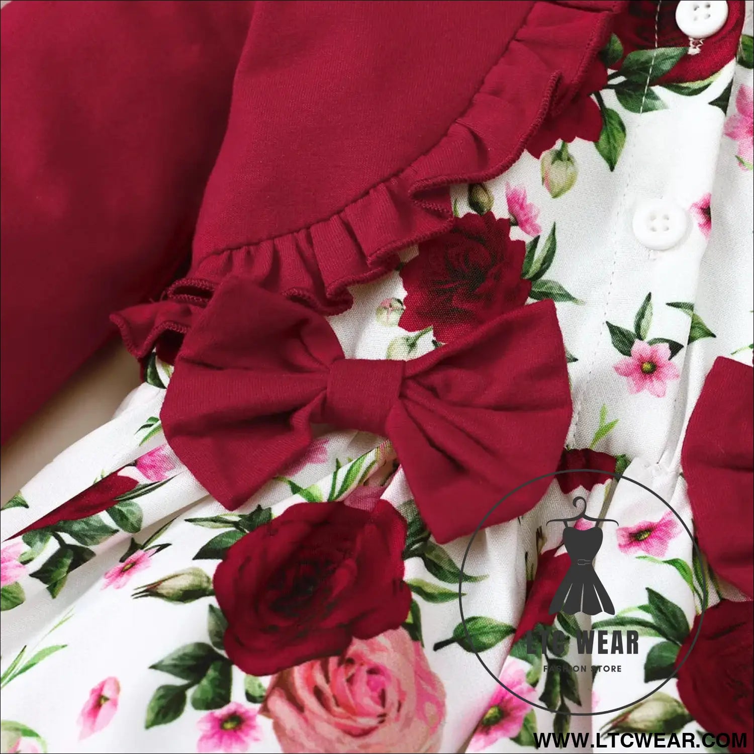 Frill floral round neck flounce sleeve dress