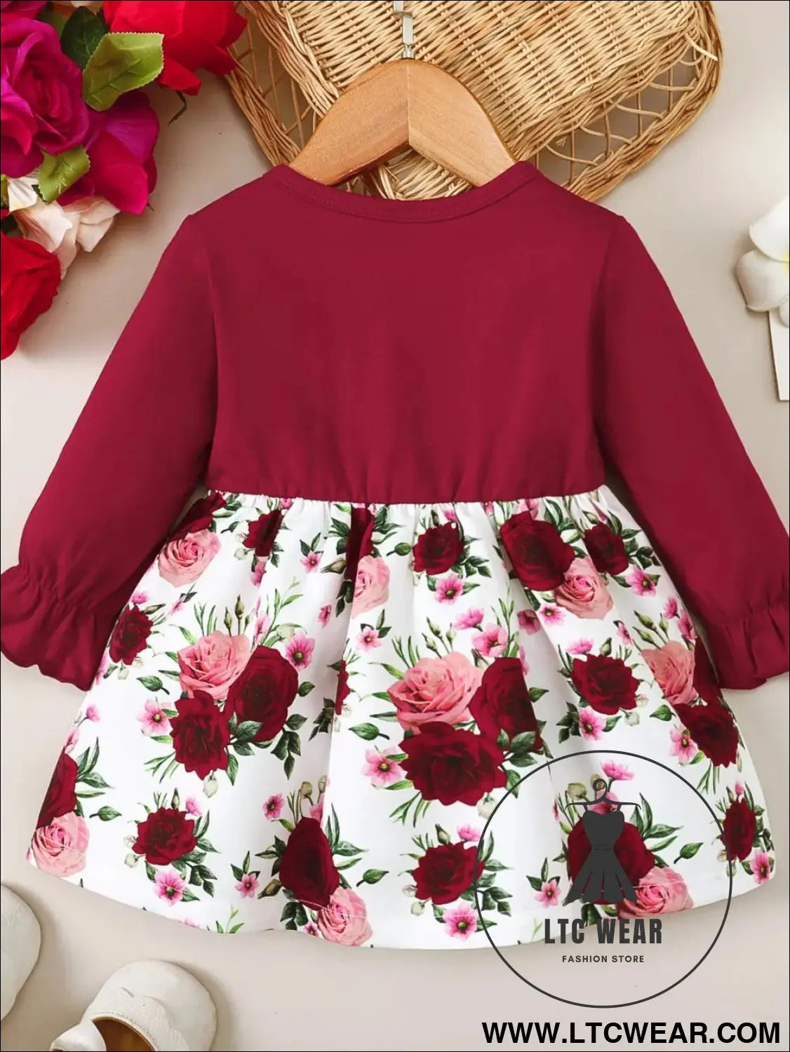 Frill floral round neck flounce sleeve dress