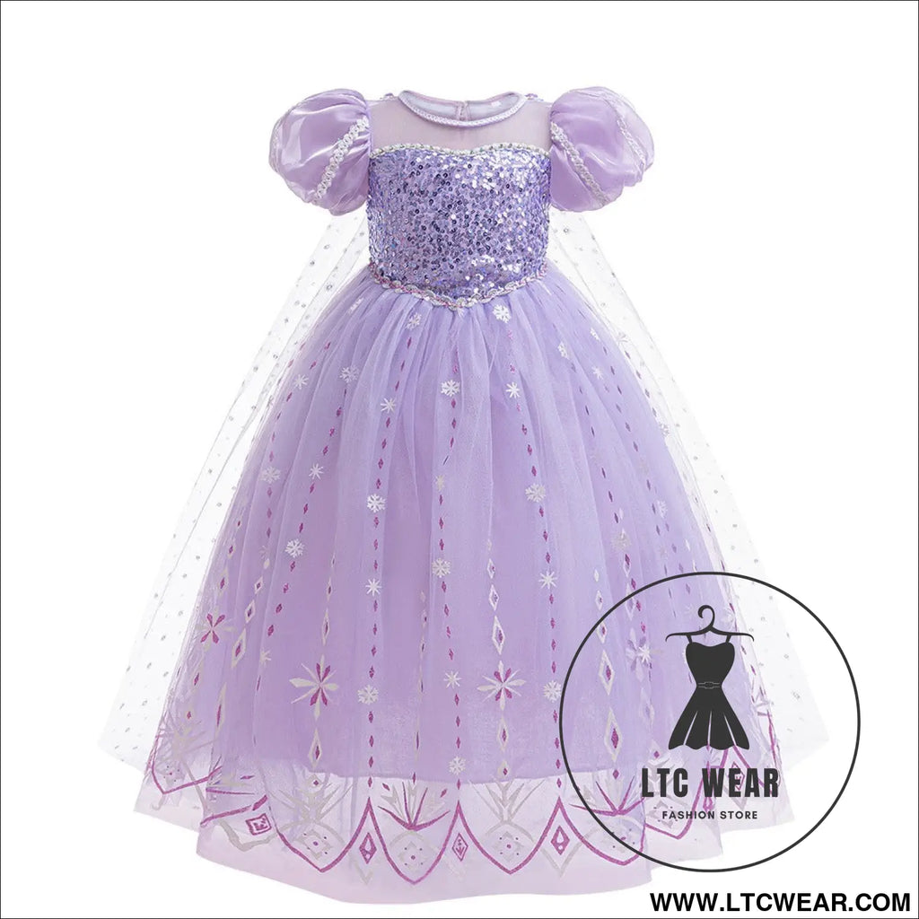 Frozen 2 elsa princess dress purple bubble sleeves pearl mesh girls’ cosplay dress performance dress
