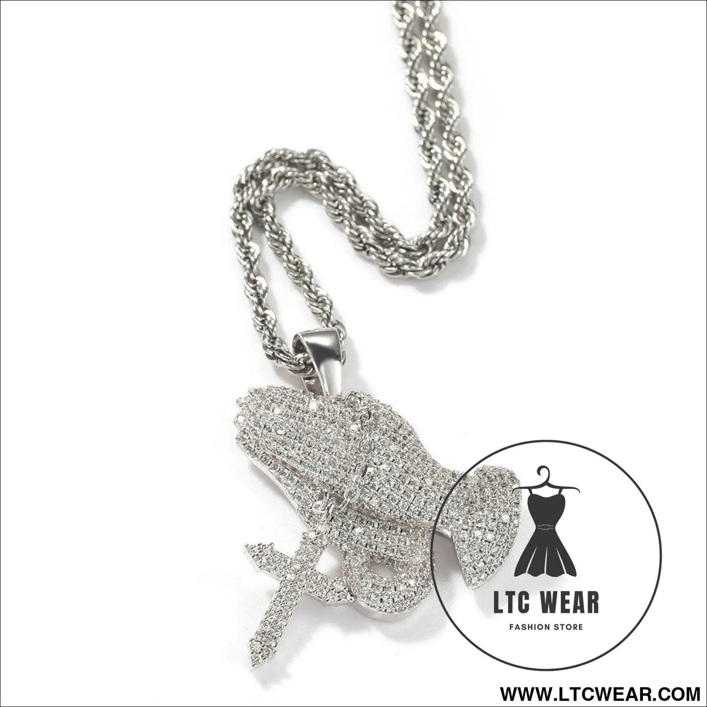 Full diamond hand cross pendant necklace european and american retro hip-hop rap popular accessory - silver + 3mm24inch
