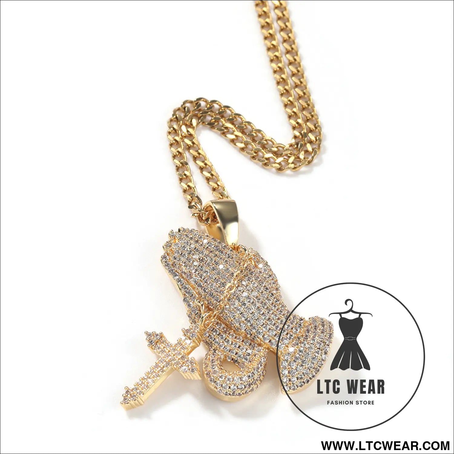 Full diamond hand cross pendant necklace european and american retro hip-hop rap popular accessory - gold + 3mm 24inch