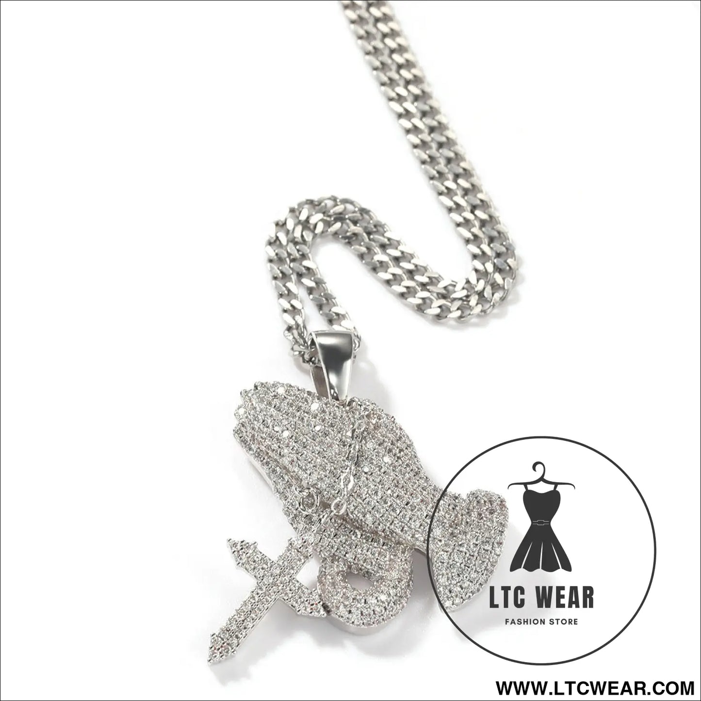Full diamond hand cross pendant necklace european and american retro hip-hop rap popular accessory - silver + 3mm