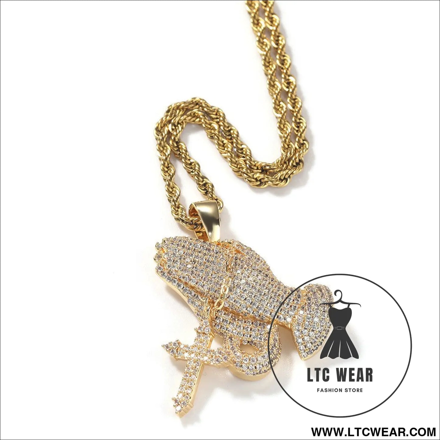 Full diamond hand cross pendant necklace european and american retro hip-hop rap popular accessory - gold + 3mm24inch