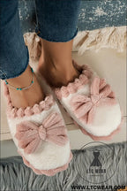 Fushia bow plush winter slipper - slippers