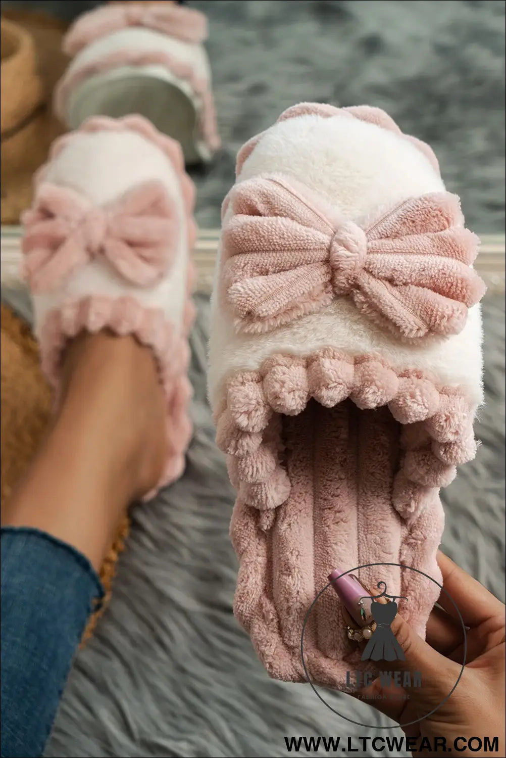 Fushia bow plush winter slipper - slippers