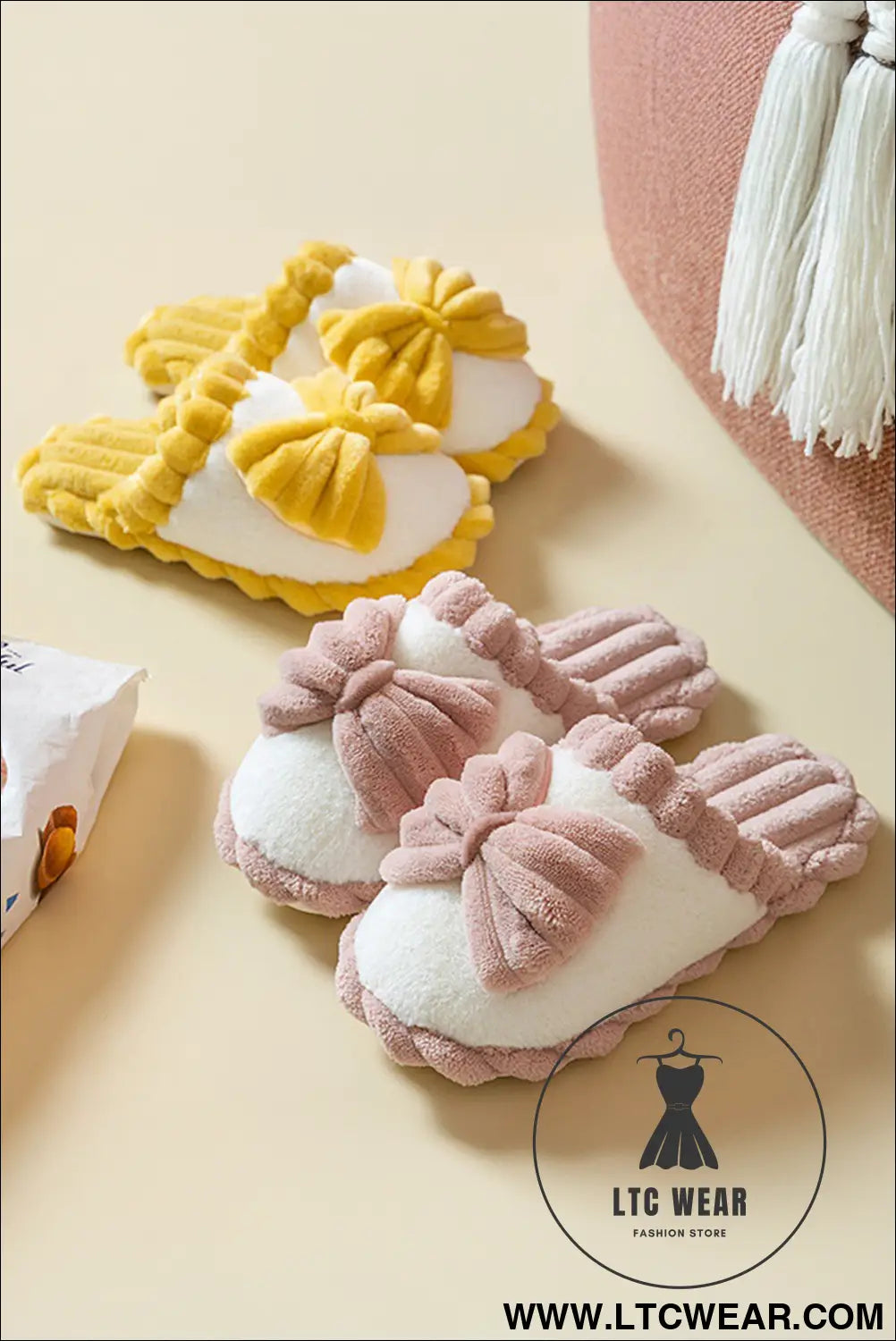 Fushia bow plush winter slipper - slippers