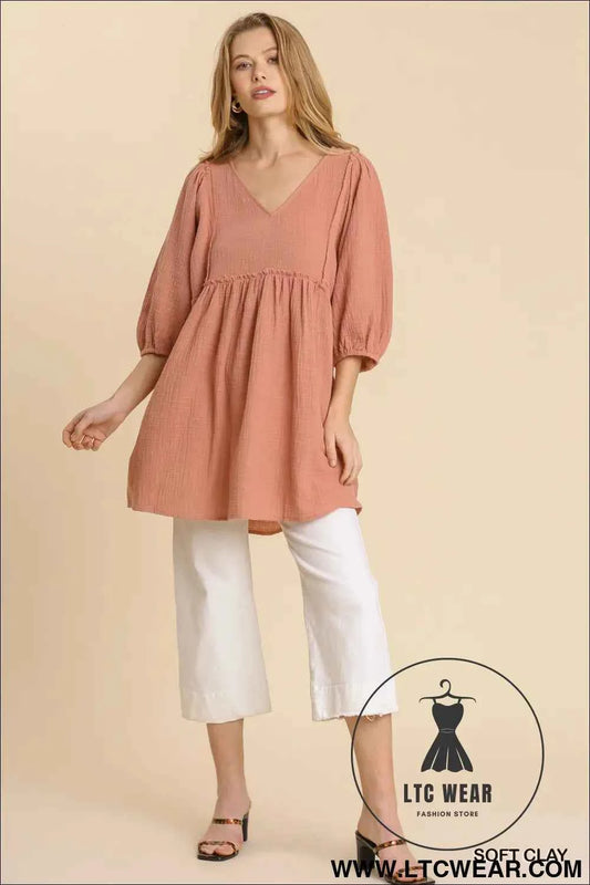 Gauze Slub V-neck Frayed Edge Detail Tunic Dress