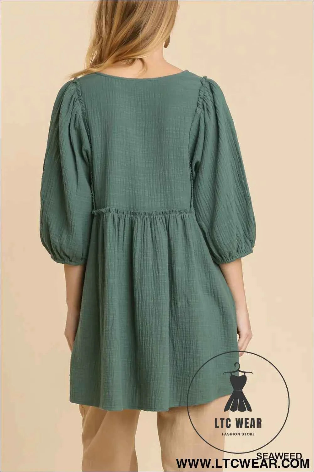 Gauze Slub V-neck Frayed Edge Detail Tunic Dress