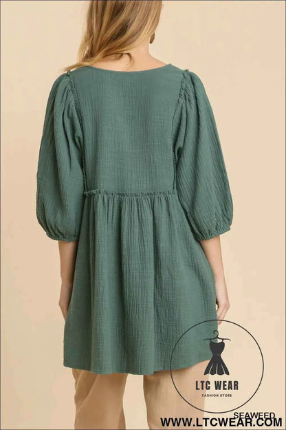Gauze Slub V-neck Frayed Edge Detail Tunic Dress