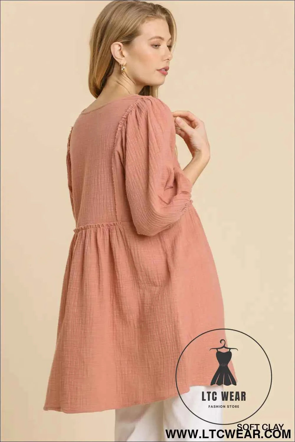 Gauze Slub V-neck Frayed Edge Detail Tunic Dress