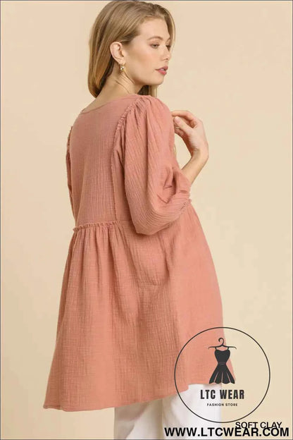 Gauze Slub V-neck Frayed Edge Detail Tunic Dress