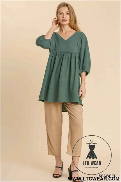 Gauze Slub V-neck Frayed Edge Detail Tunic Dress