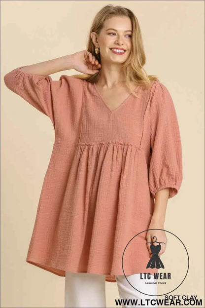 Gauze Slub V-neck Frayed Edge Detail Tunic Dress