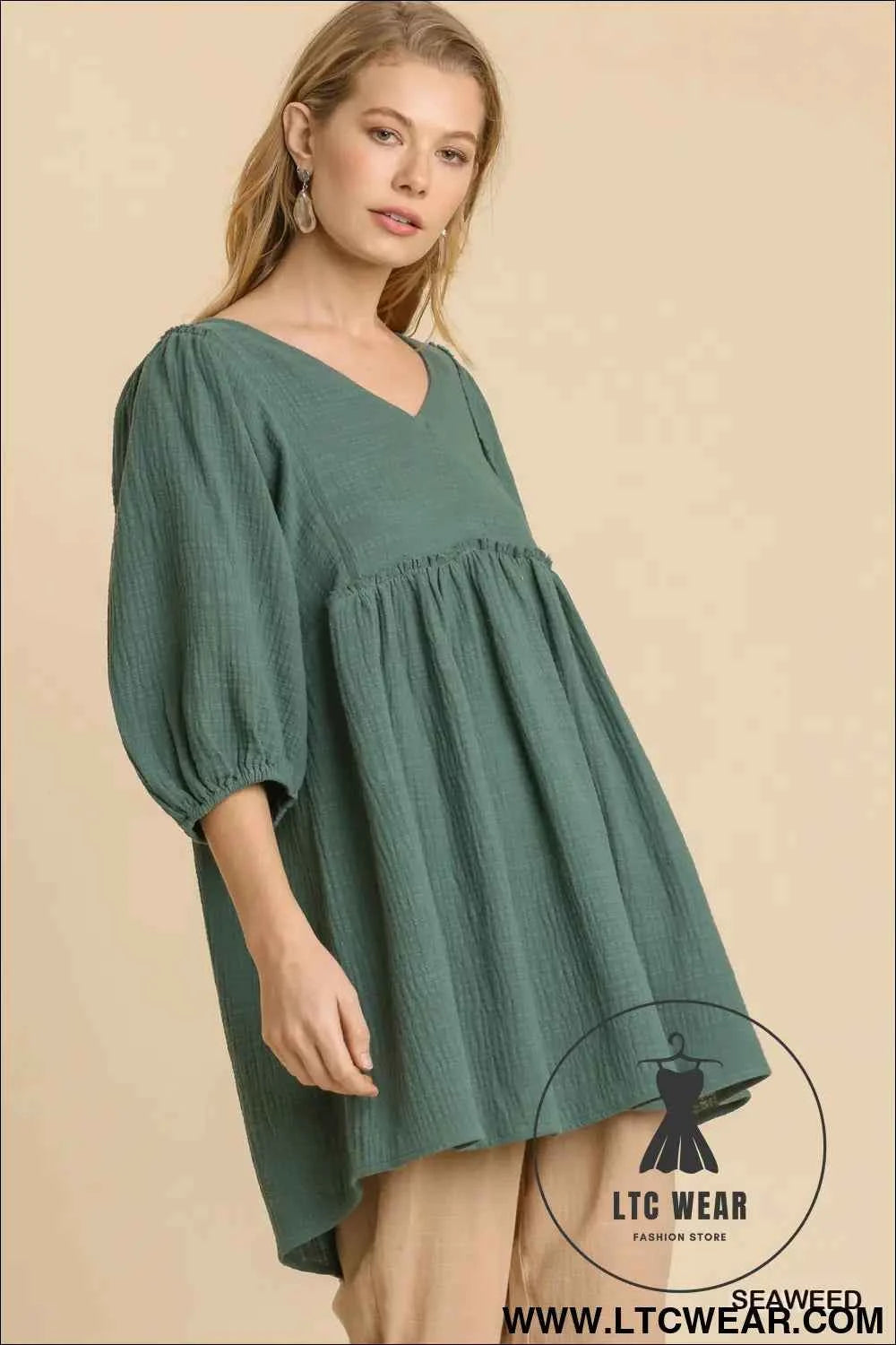 Gauze Slub V-neck Frayed Edge Detail Tunic Dress