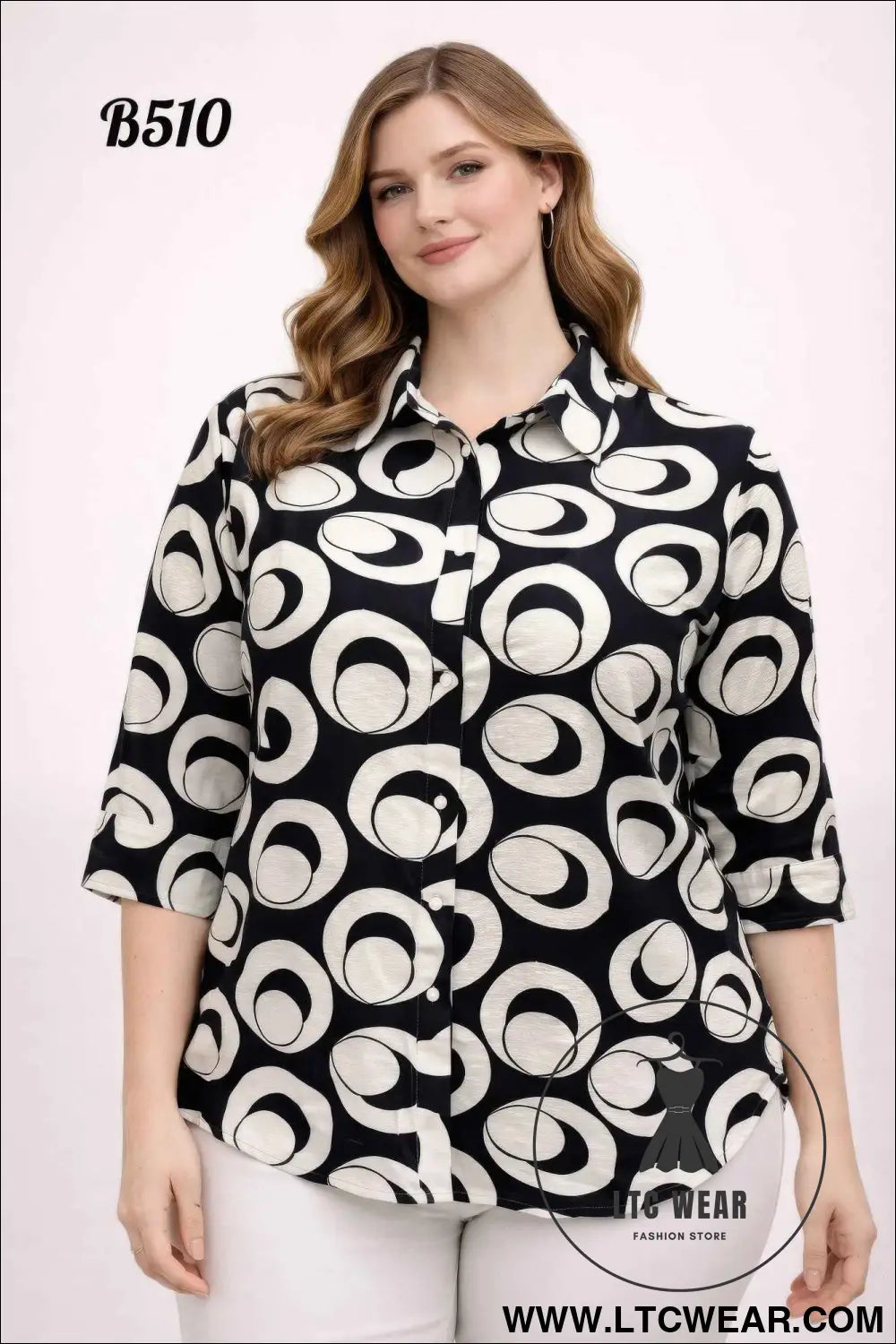 Geo Circle Print 3/4 Sleeve Button-up Shirt