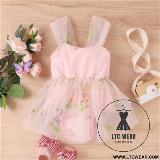 Girls’ baby suspenders with embroidered flowers and mesh for princesses with open crotch and baby rompers