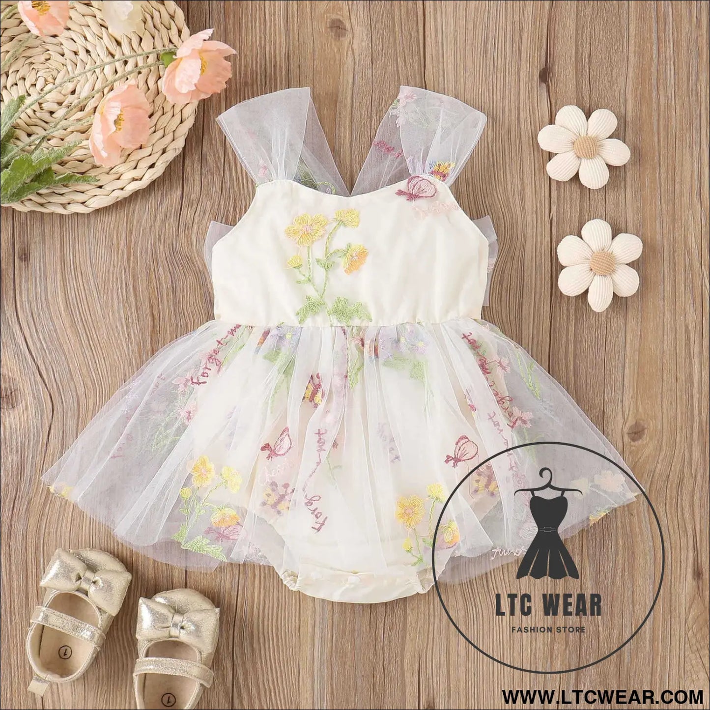 Girls’ baby suspenders with embroidered flowers and mesh for princesses with open crotch and baby rompers