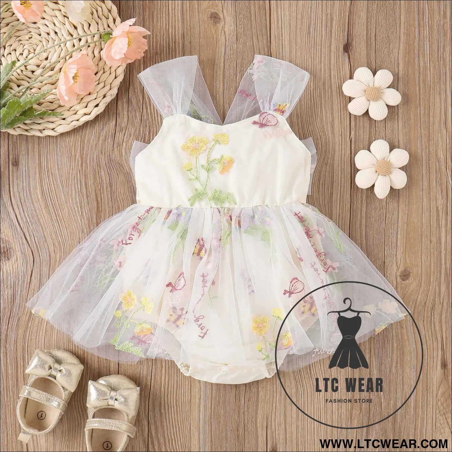 Girls’ baby suspenders with embroidered flowers and mesh for princesses with open crotch and baby rompers