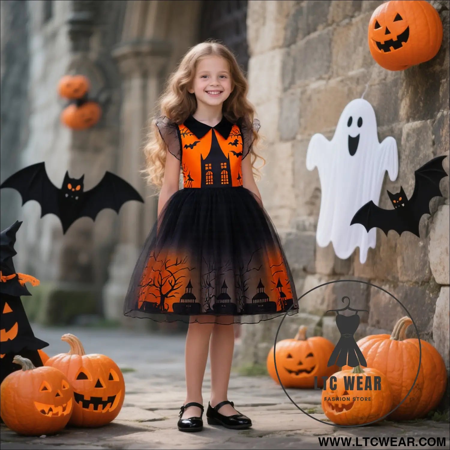 Girls’ halloween cosplay printed dress tulle puff dress