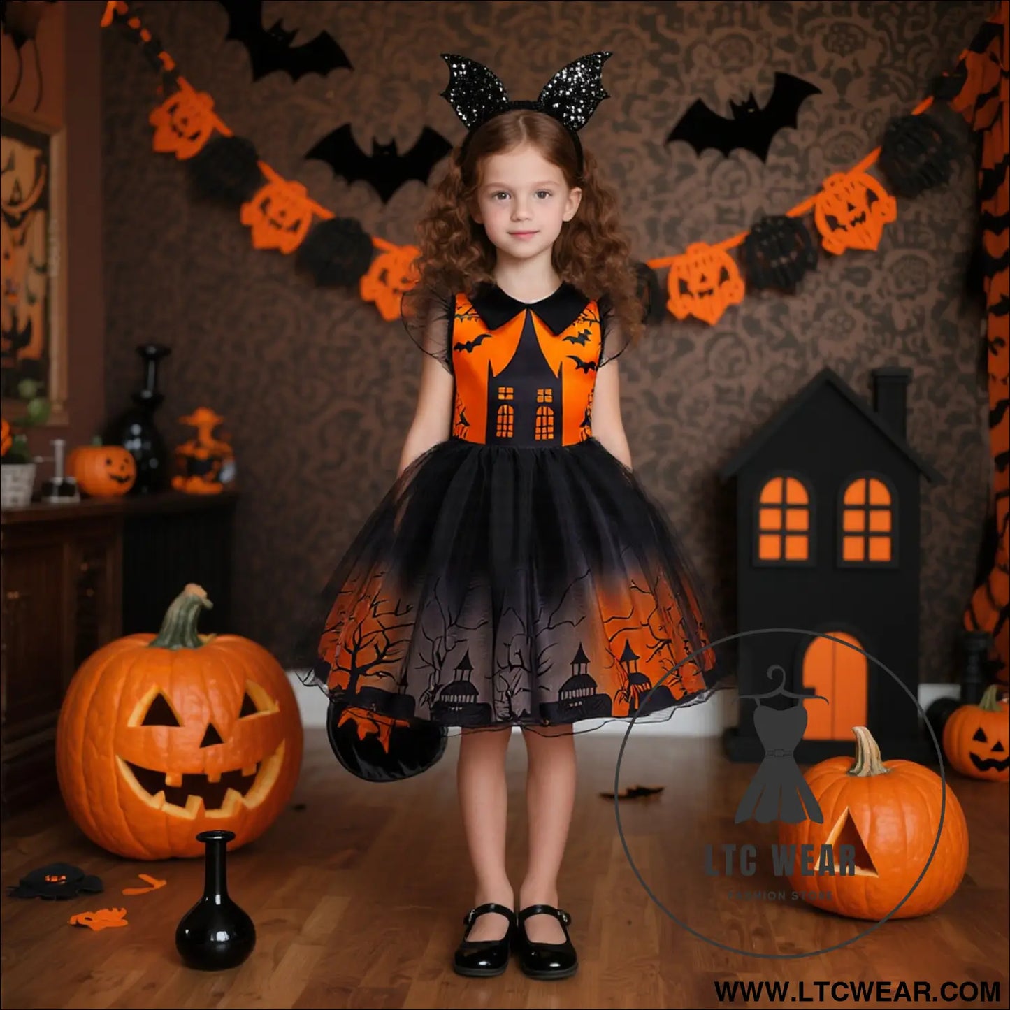 Girls’ halloween cosplay printed dress tulle puff dress