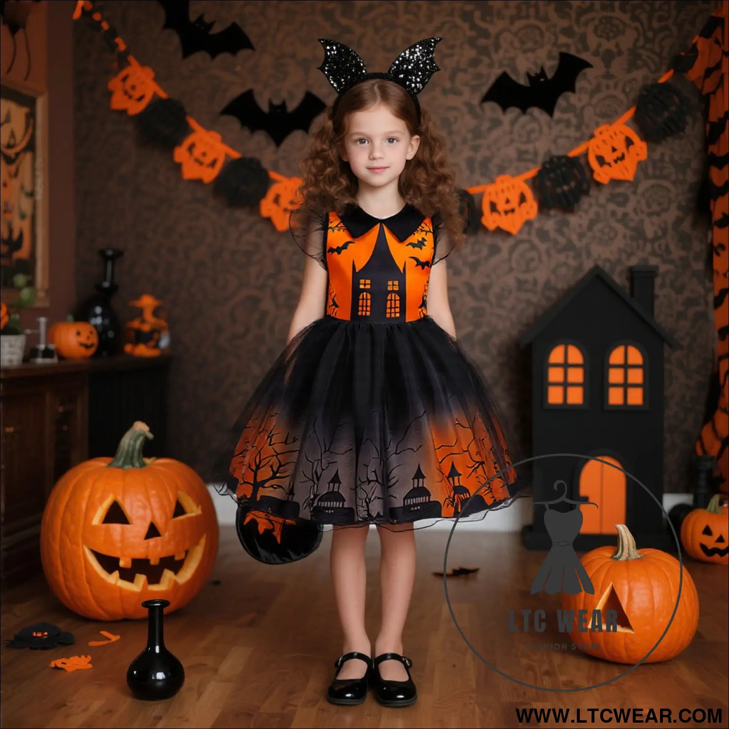 Girls’ halloween cosplay printed dress tulle puff dress