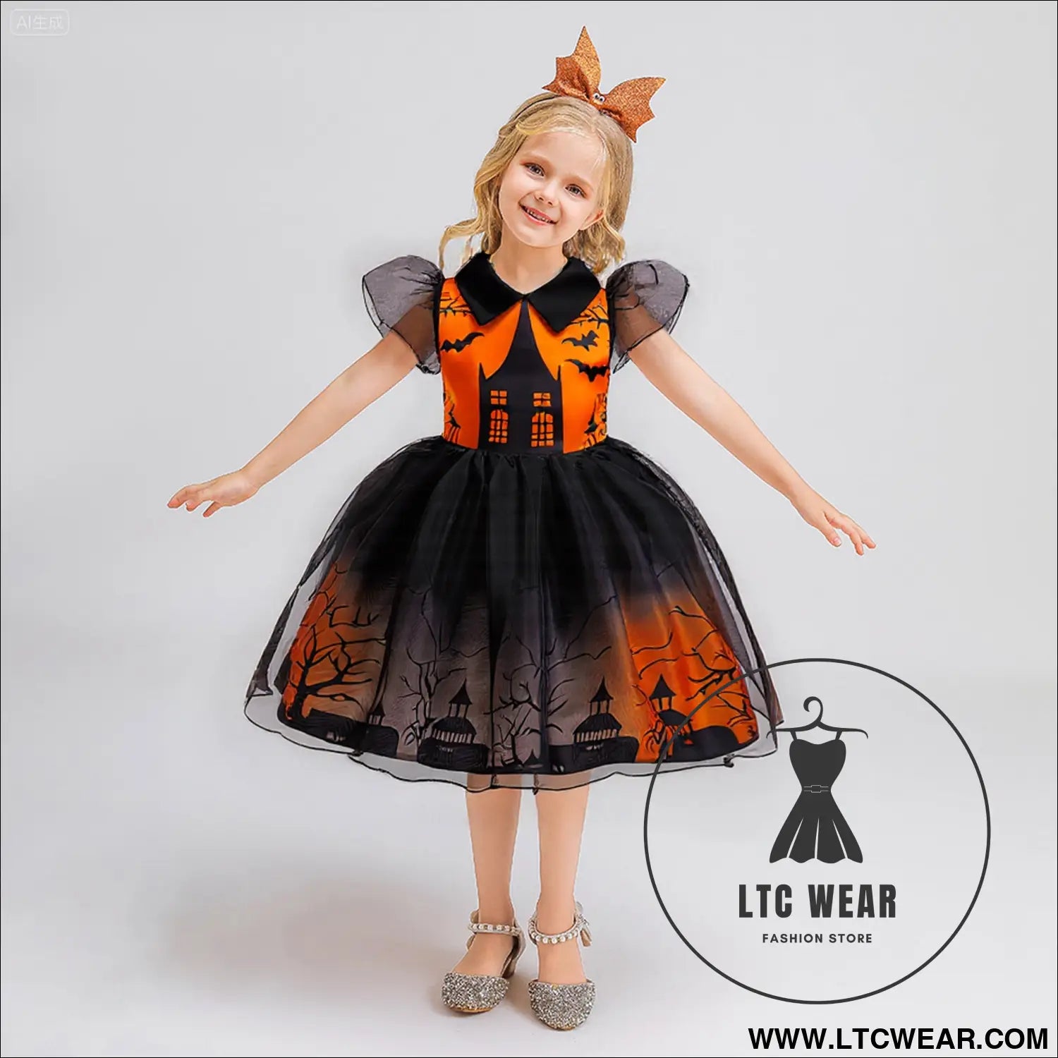 Girls’ halloween cosplay printed dress tulle puff dress - ws069-black / 110cm/4y
