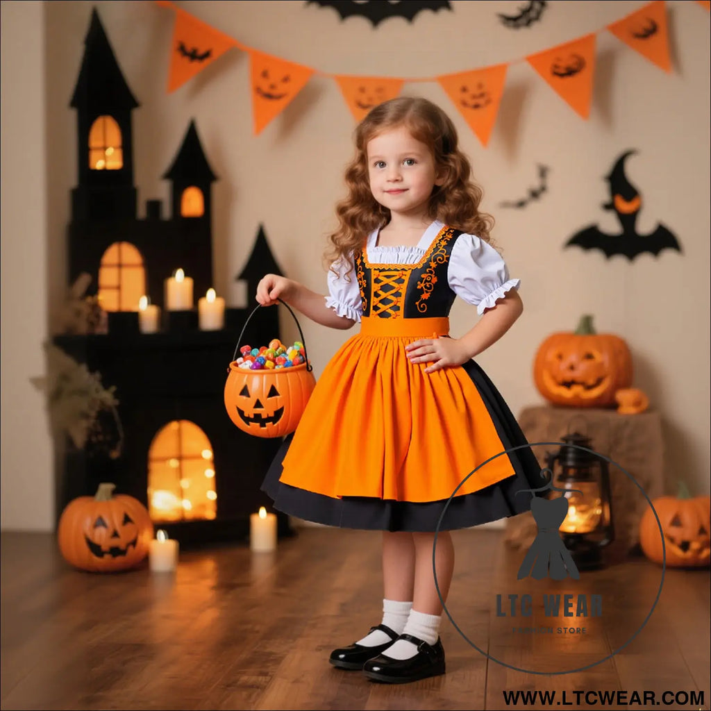 Girls halloween dress set formal satin dress with apron costume for big kids role play dress