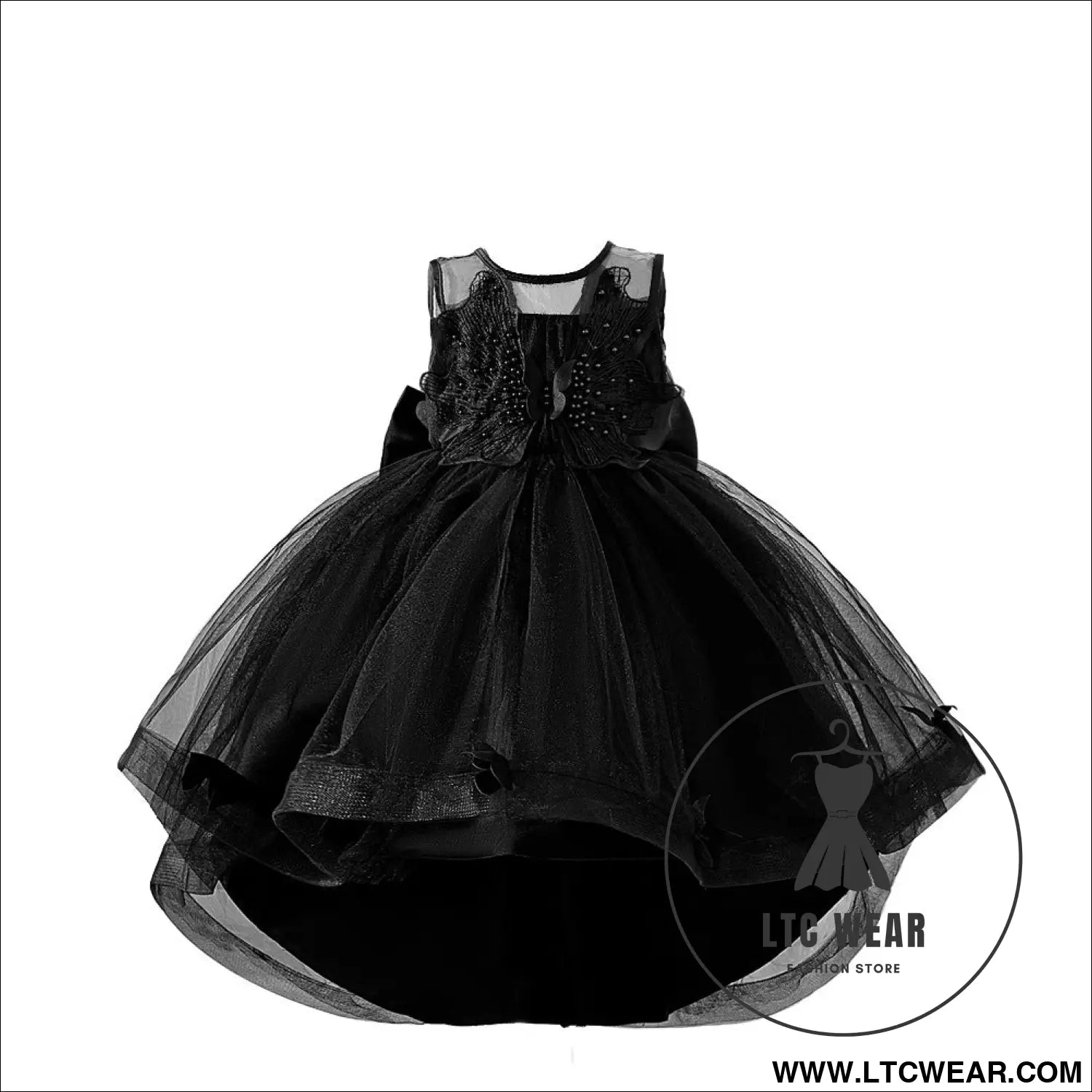 Girls’ princess dress with beaded tulle train sleeveless black formal dress