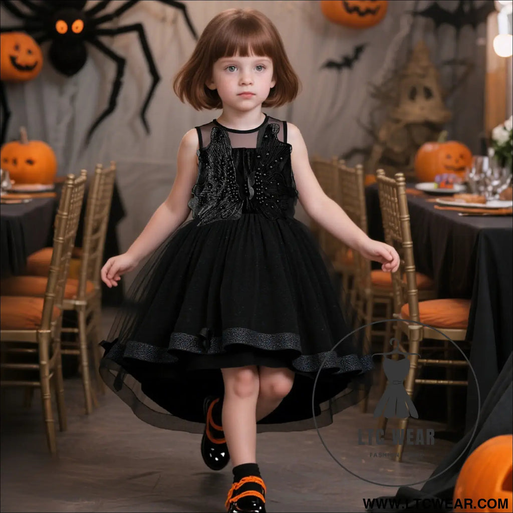 Girls’ princess dress with beaded tulle train sleeveless black formal dress