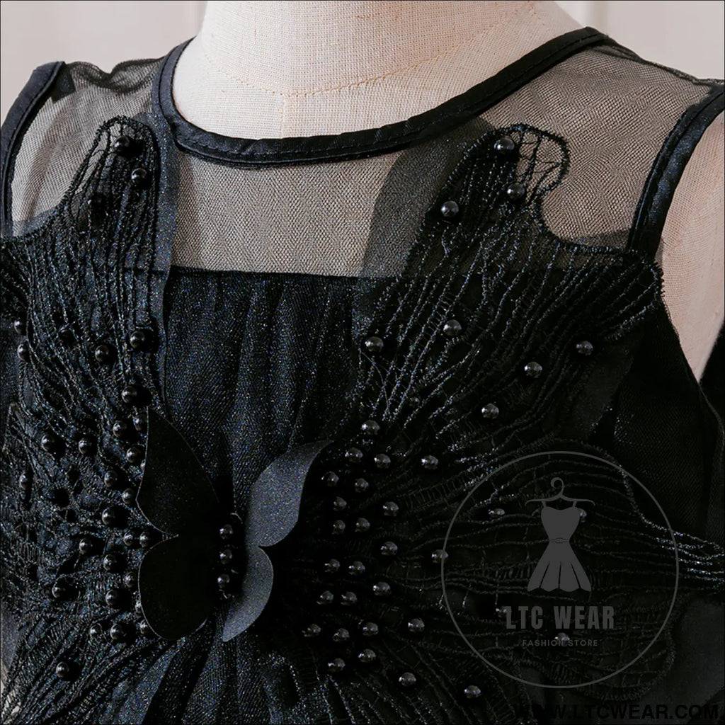 Girls’ princess dress with beaded tulle train sleeveless black formal dress