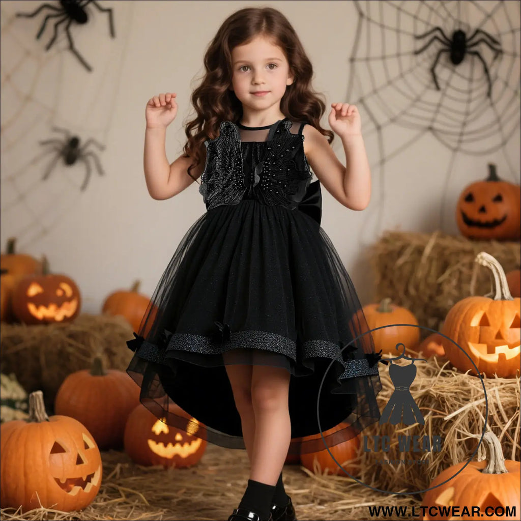 Girls’ princess dress with beaded tulle train sleeveless black formal dress