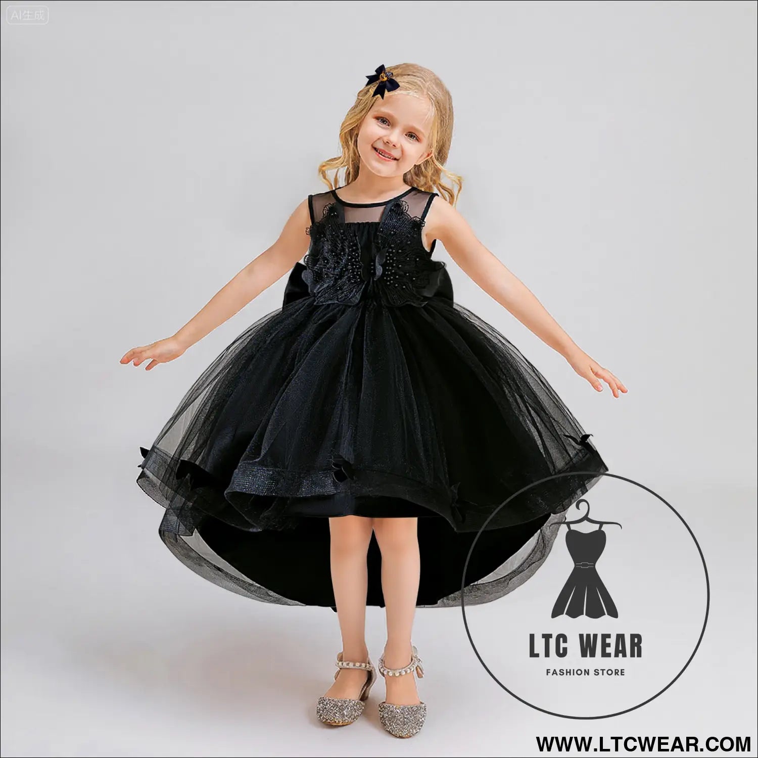Girls’ princess dress with beaded tulle train sleeveless black formal dress - t6066-black / 110cm/4y