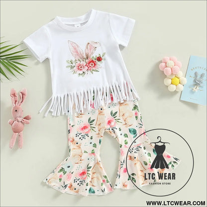 Girls summer european and american short sleeve tassel t shirt rabbit flower flare pants set girls set two piece set