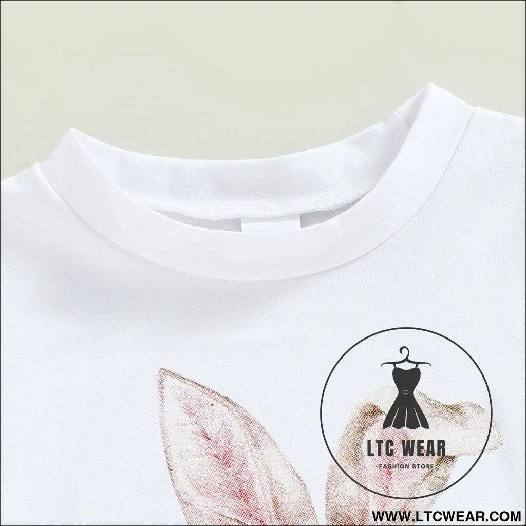 Girls summer european and american short sleeve tassel t shirt rabbit flower flare pants set girls set two piece set