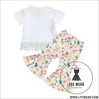 Girls summer european and american short sleeve tassel t shirt rabbit flower flare pants set girls set two piece set