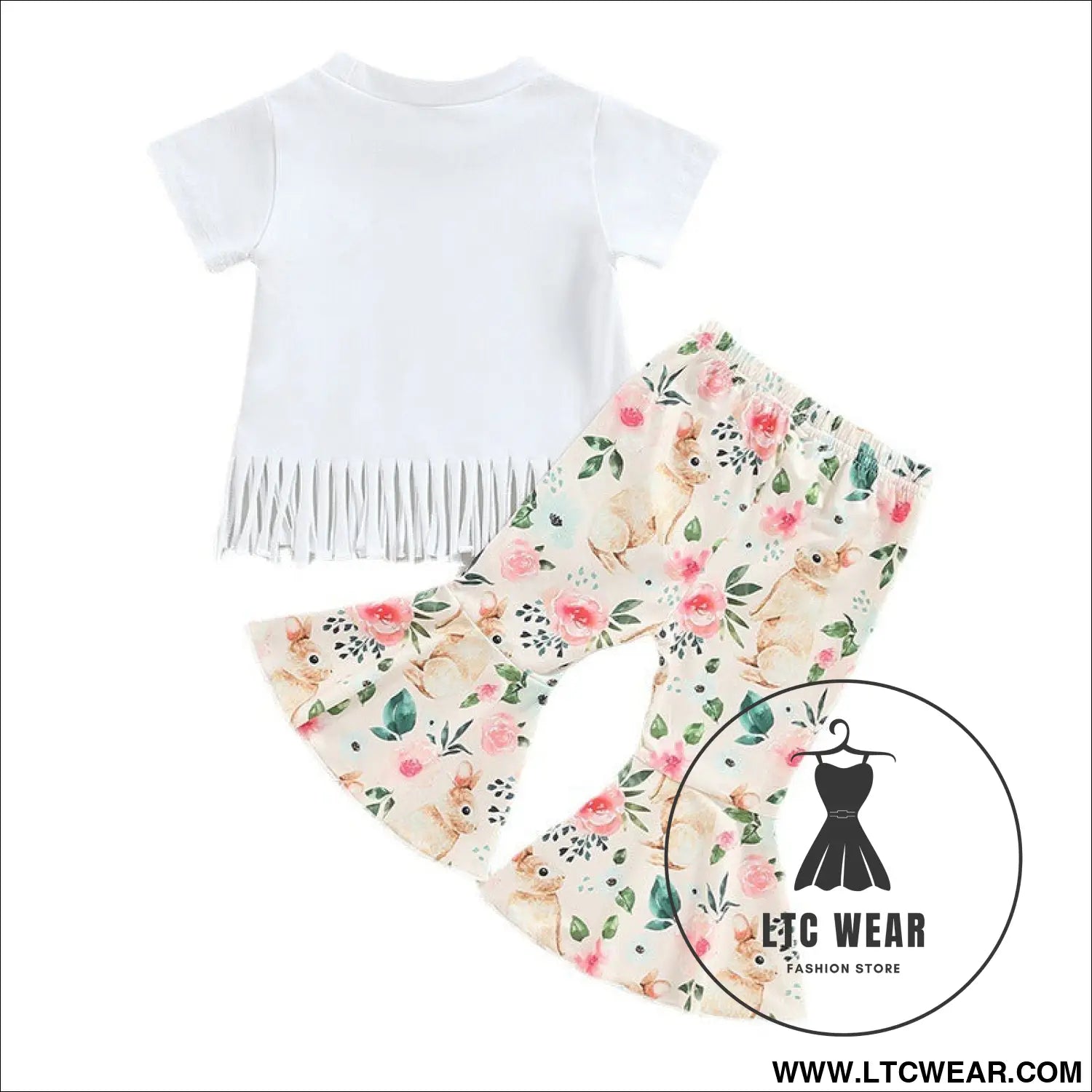 Girls summer european and american short sleeve tassel t shirt rabbit flower flare pants set girls set two piece set