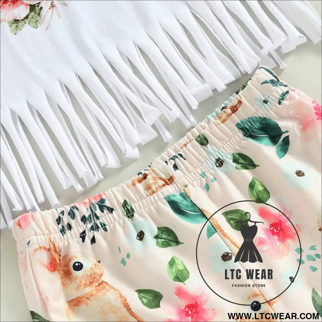 Girls summer european and american short sleeve tassel t shirt rabbit flower flare pants set girls set two piece set