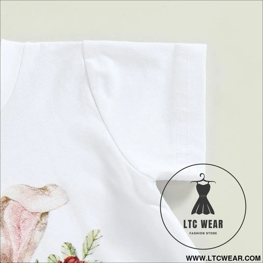 Girls summer european and american short sleeve tassel t shirt rabbit flower flare pants set girls set two piece set